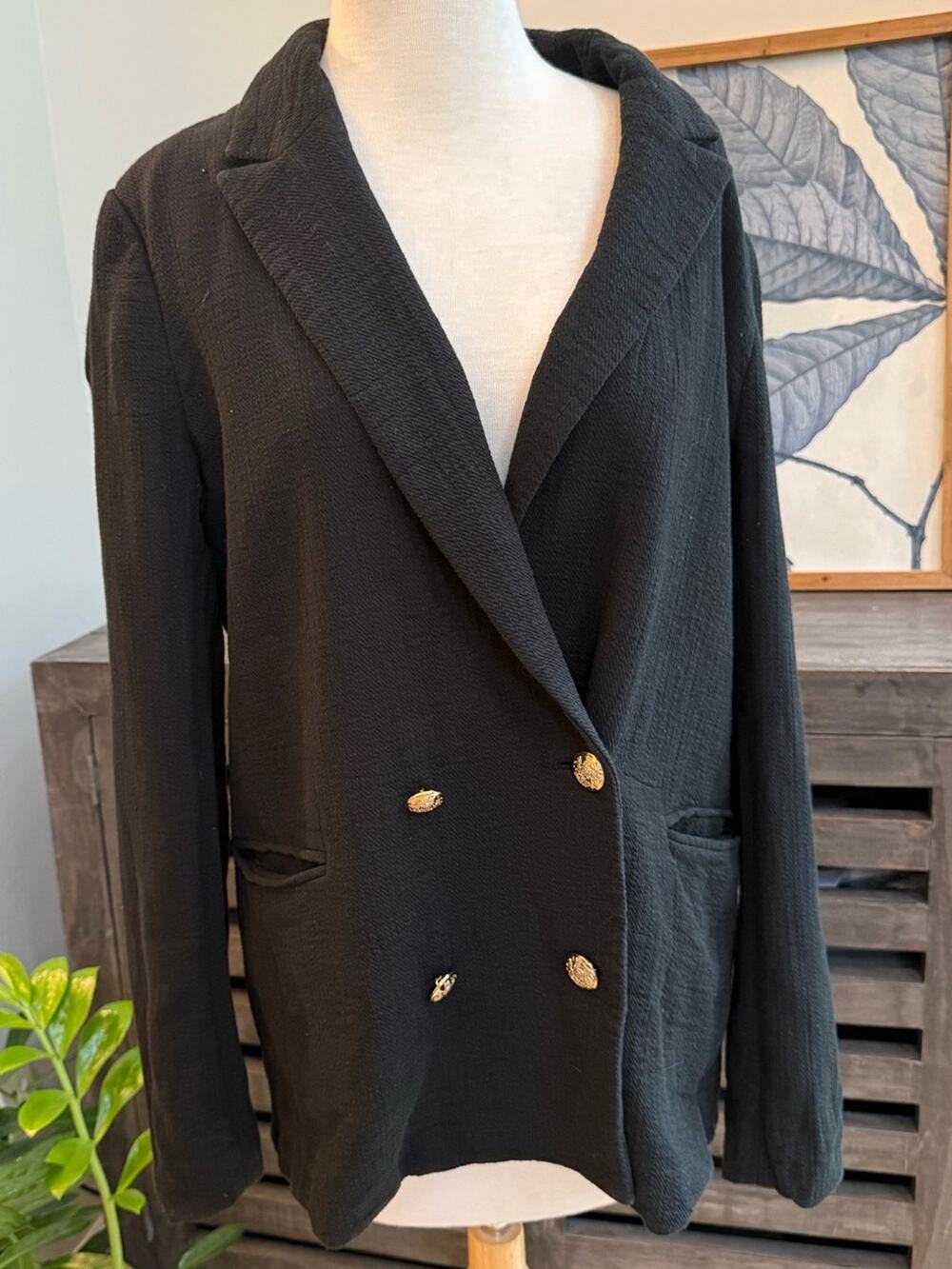 Banana Republic Black Linen Blend Gold Button Blazer Size 8